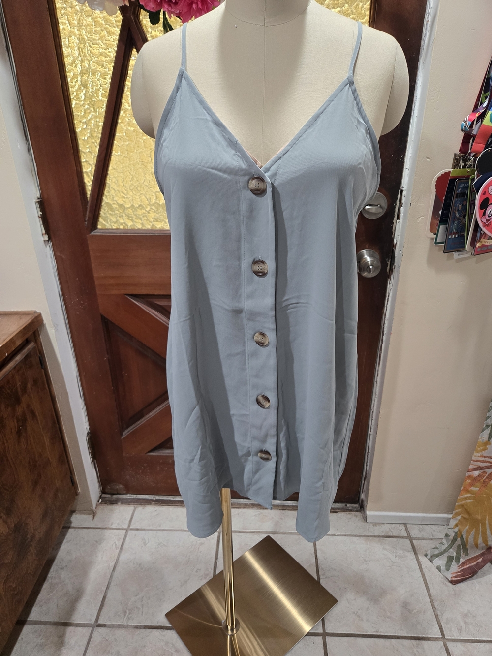 Zenana Outfitters Light Blue Button-Front Spaghetti Strap Mini Dress